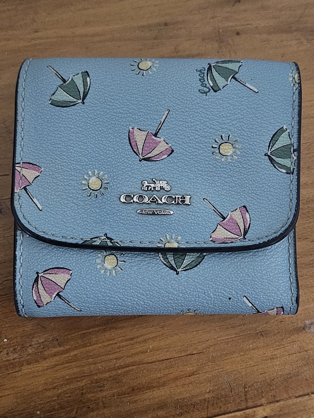 COACH Small Wallet With Beach Umbrella Print Blue & Pink